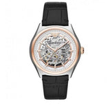 Emporio Armani Zeta Skeleton Automatic Silver Dial Black Leather Strap Watch For Men - AR60018