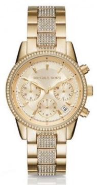 Michael Kors Ritz Chronograph Gold Dial Gold Steel Strap Watch For Women - MK6484