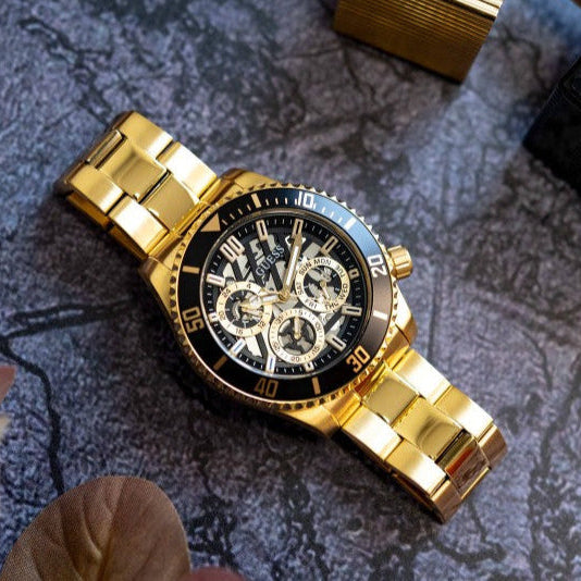 Guess Axle Multifunction Black Dial Gold Steel Strap Watch For Men - GW0488G2