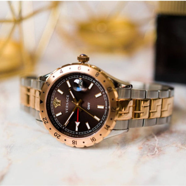 Versace Hellenyium GMT Blue Dial Two Tone Steel Strap Watch for Men - V11060017