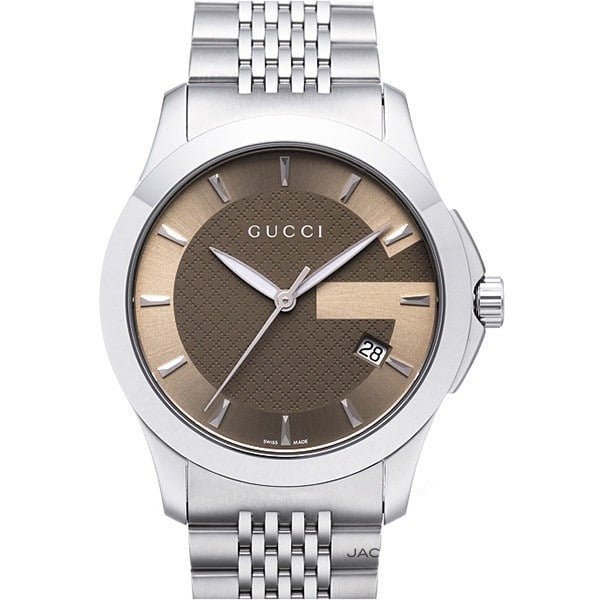 Gucci G Timeless Brown Dial Silver Steel Strap Watch For Men - YA126406