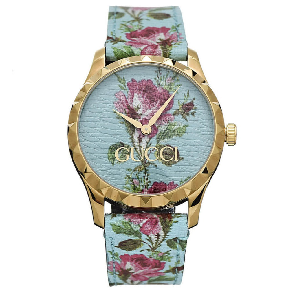 Gucci G Timeless Floral Turquoise Dial Turquoise Leather Strap Watch For Women - YA1264085