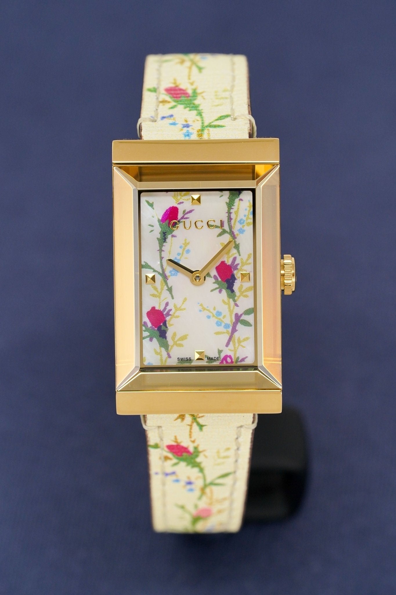 Gucci G-Frame Floral Mother of Pearl Dial White Leather Strap Watch For Women - YA147407