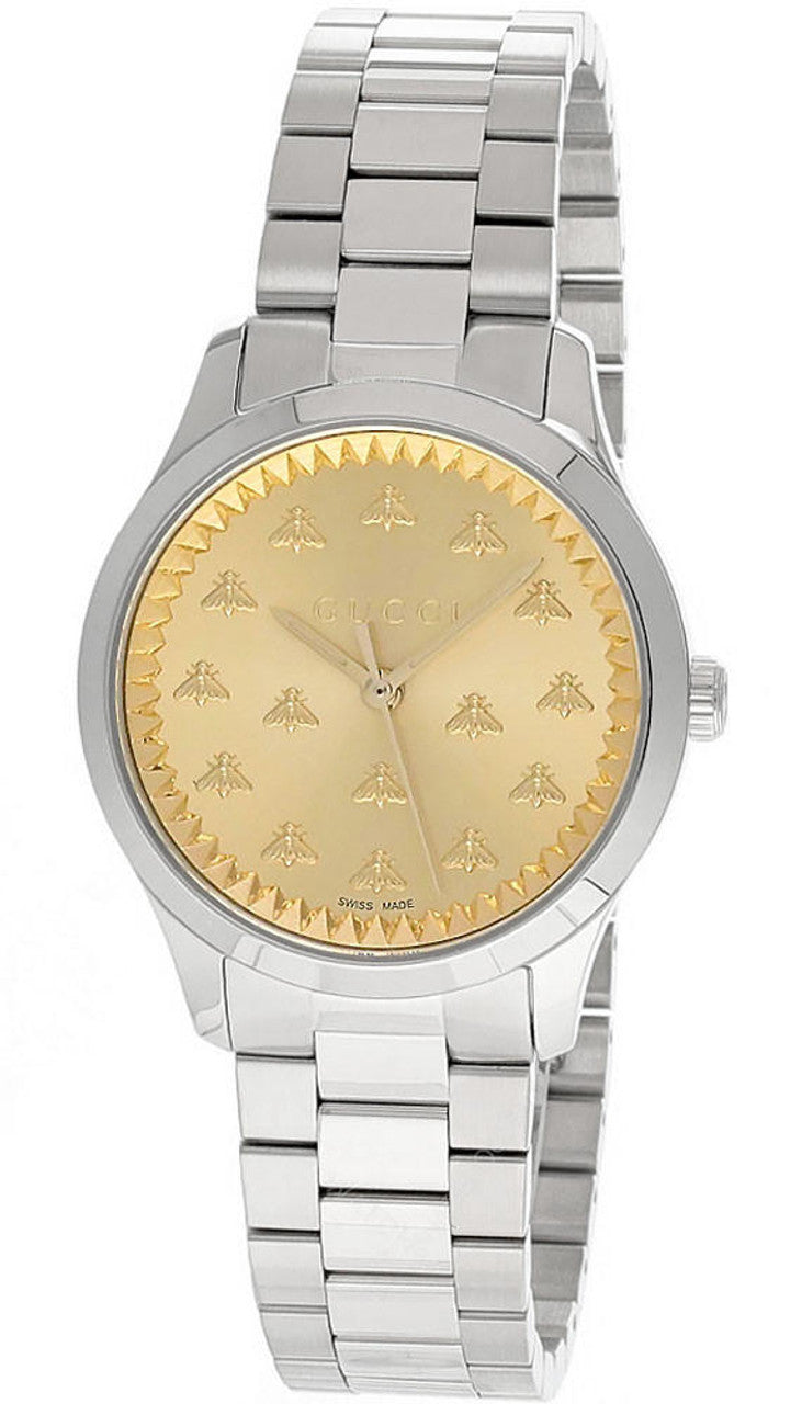 Gucci G Timeless Quartz Gold Dial Silver Steel Strap Watch for Women - YA1265035