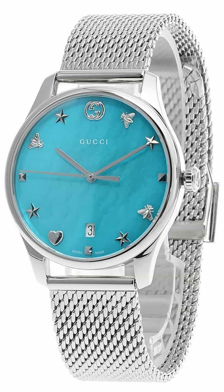 Gucci G-Timeless Turquiose Mother of Pearl Dial Silver Mesh Bracelet Watch For Women - YA1264039
