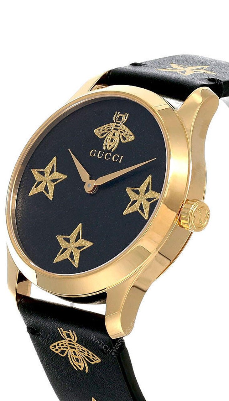 Gucci G Timeless Bee Motif Black Dial Black Leather Strap Watch For Women - YA1264055