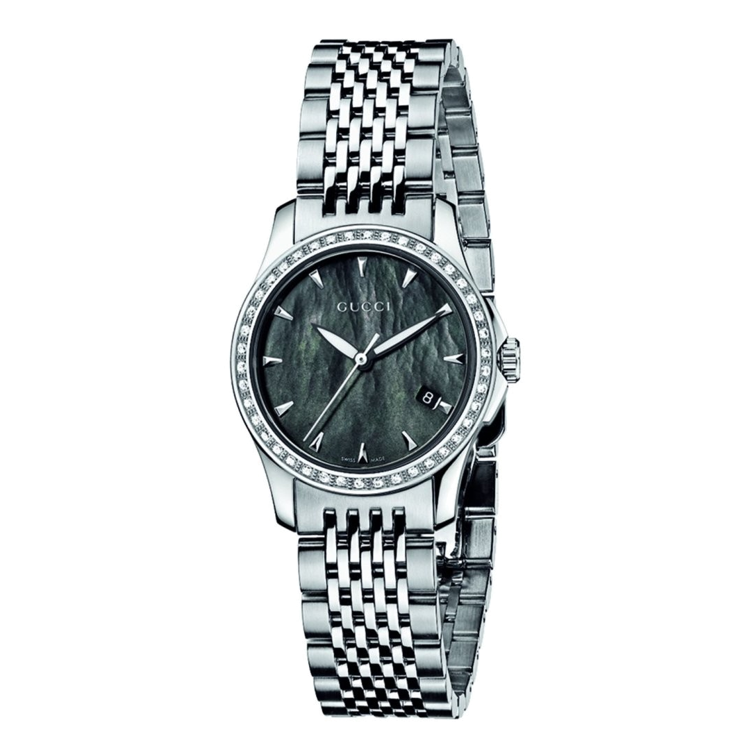 Gucci G Timeless Diamonds Mother of Pearl Black Dial Silver Mesh Bracelet Watch For Women - YA126507
