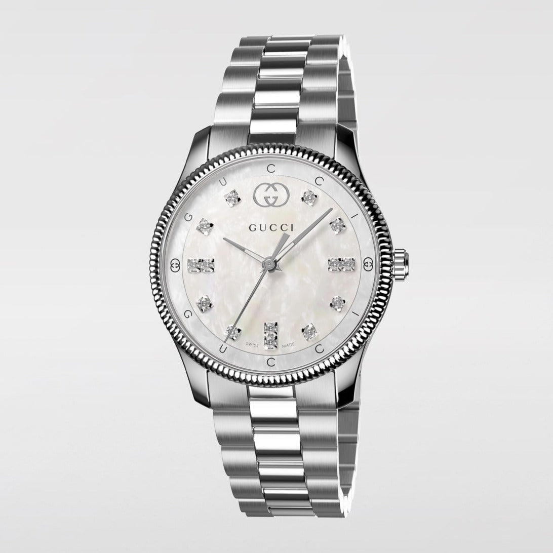 Gucci G Timeless Diamonds White Dial Silver Steel Strap Watch for Women - YA1265064