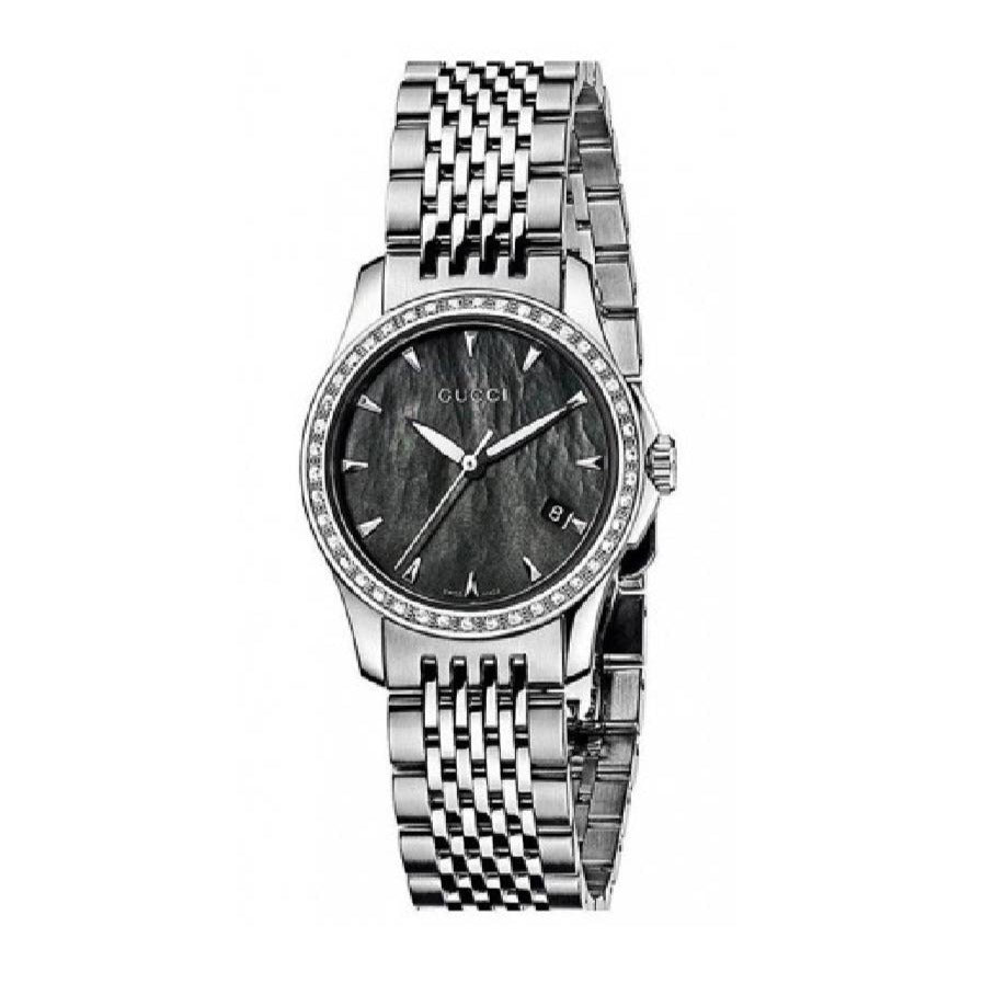 Gucci G Timeless Diamonds Mother of Pearl Black Dial Silver Mesh Bracelet Watch For Women - YA126507