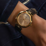 Guess Rumour Quartz Gold Dial Black Leather Strap Watch For Women - GW0689L2