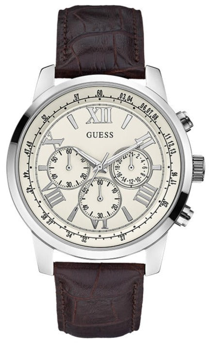 Guess Horizon Chronograph White Dial Brown Leather Strap Watch For Men - W0380G2