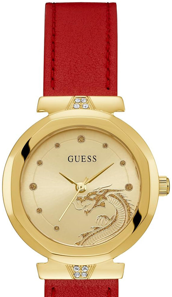 Guess Trend Dragon Gold Dial Red Leather Strap Watch For Women - GW0646L1