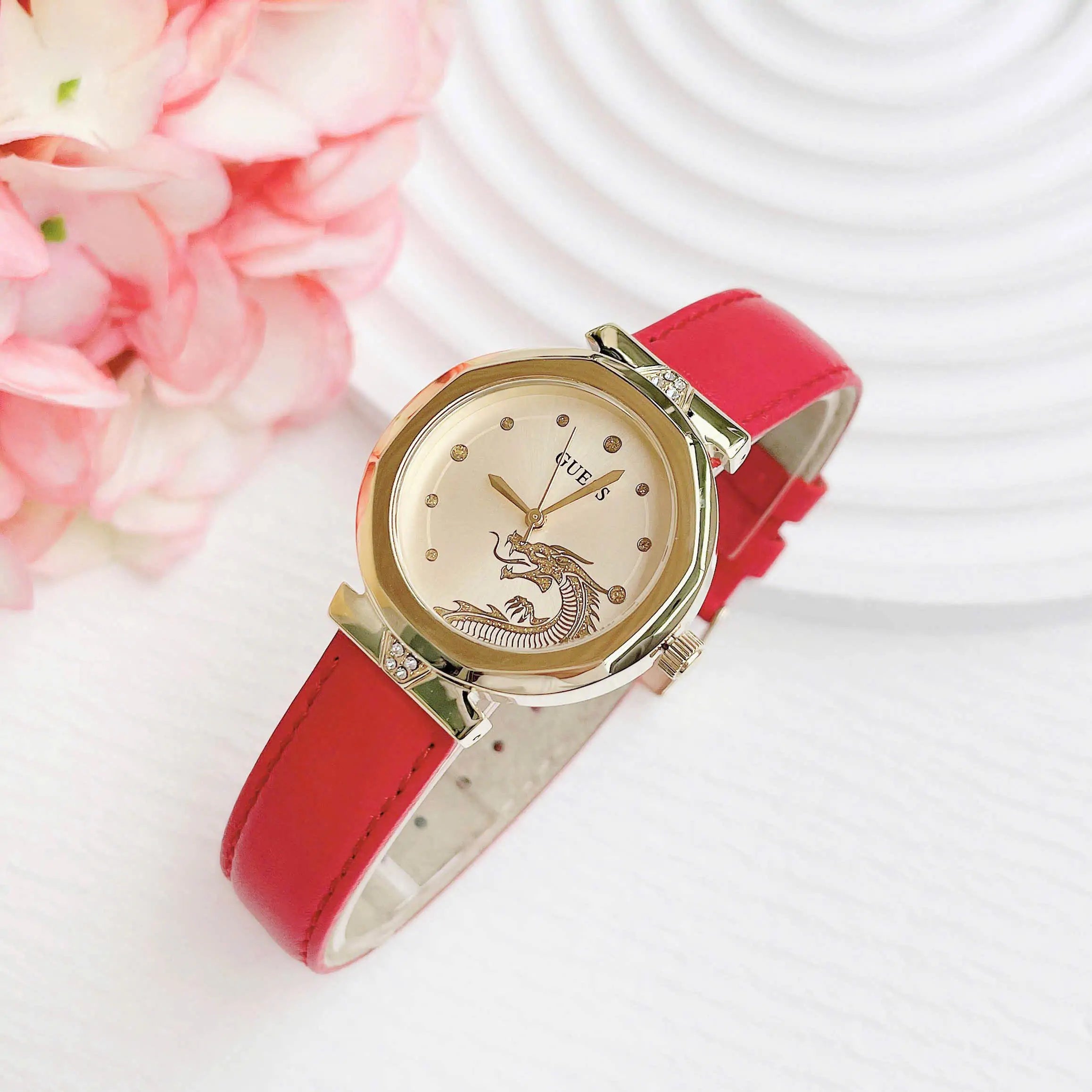 Guess Trend Dragon Gold Dial Red Leather Strap Watch For Women - GW0646L1