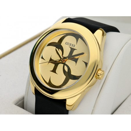 Guess G Twist Gold Dial Black Leather Strap Watch for Women - W0911L3