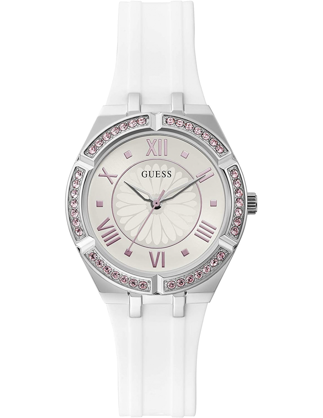 Guess Sparkling Silver Dial White Rubber Strap Watch For Women - GW0032L1