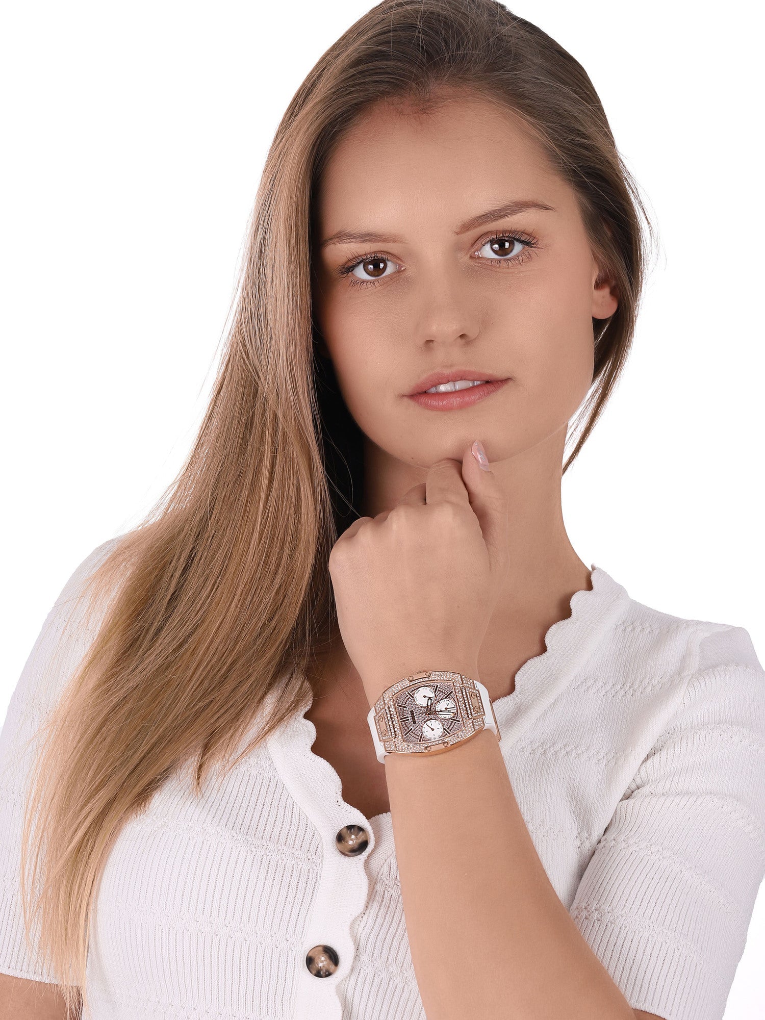 Guess Raven Diamonds Rose Gold Dial White Silicone Strap Watch for Women - GW0105L3