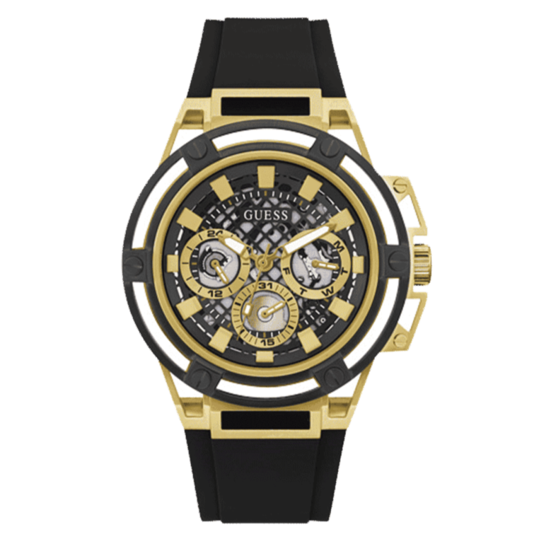 Guess Matrix Multifunction Gold Dial Black Rubber Strap Watch For Men - GW0423G2