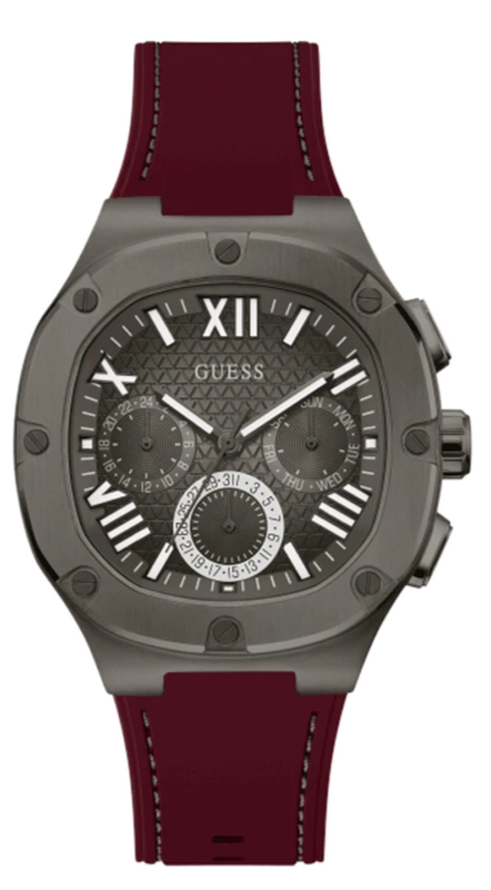 Guess Headline Multifunction Grey Dial Burgundy Silicone Strap Watch For Men - GW0571G4