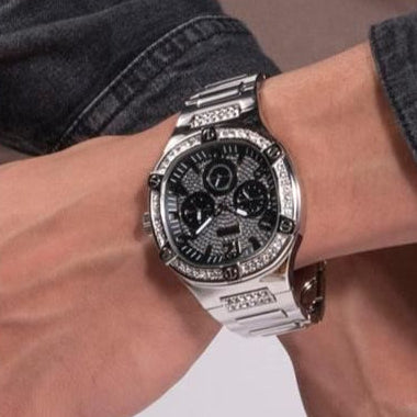 Guess Duke Glitz Black Dial Silver Steel Strap Watch For Men - GW0576G1