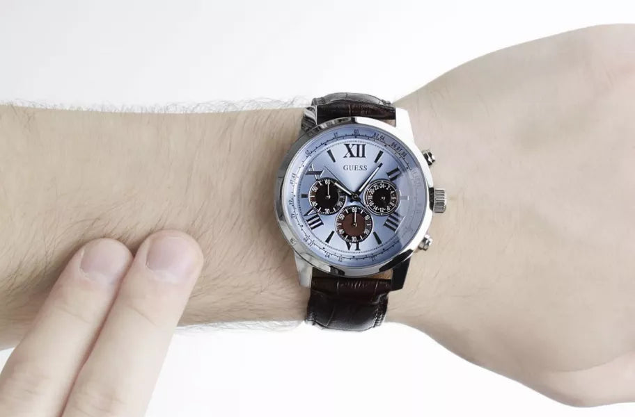 Guess Horizon Chronograph Analog Blue Dial Brown Leather Strap Watch For Men - W0380G6