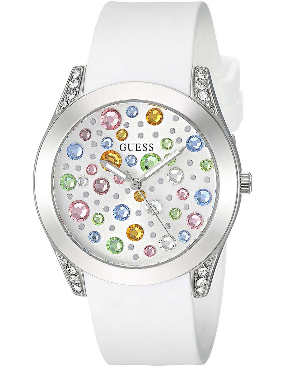 Guess Wanderlust Crystals Silver Dial White Rubber Strap Watch for Women - W1059L1