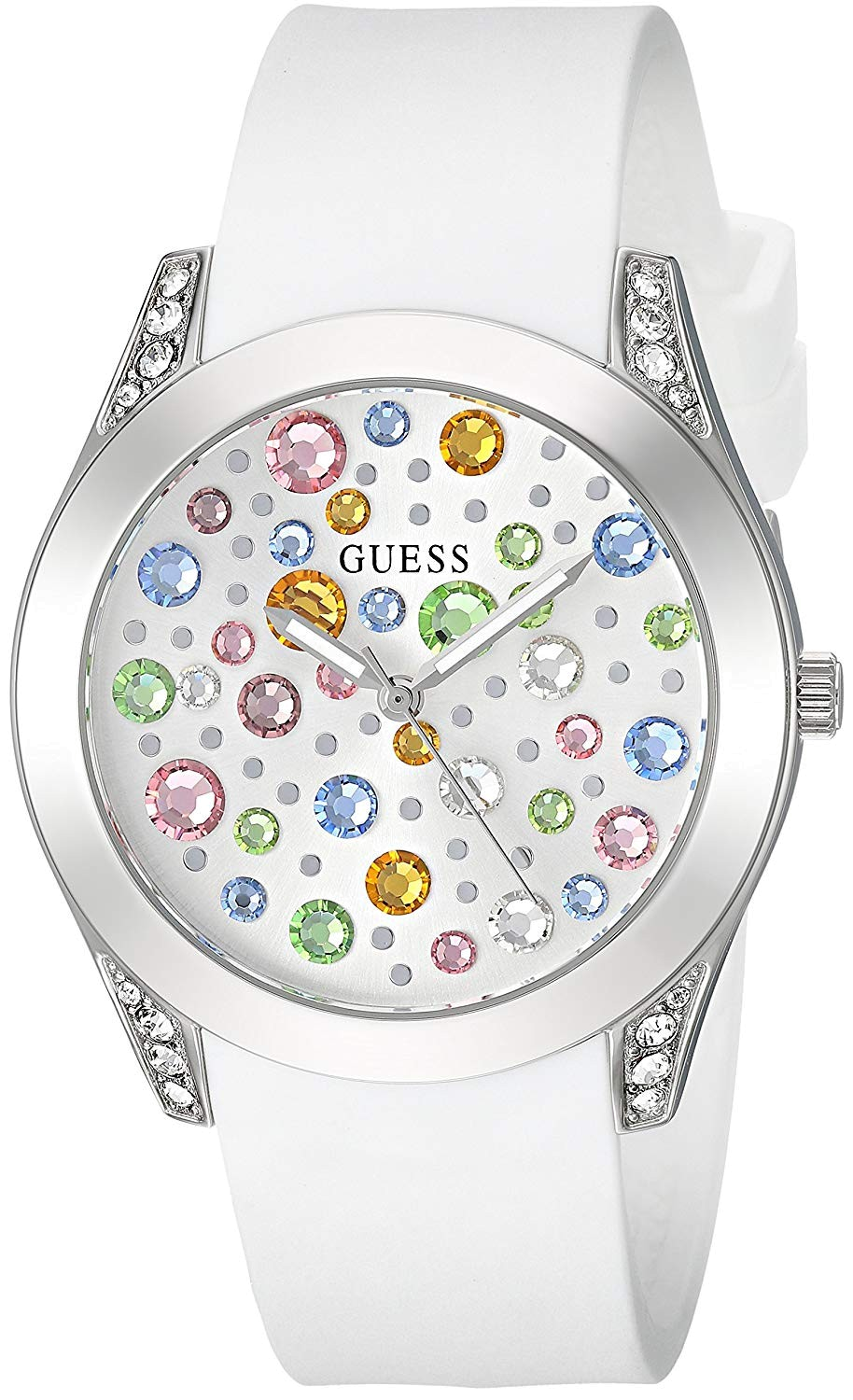 Guess Wanderlust Crystals Silver Dial White Rubber Strap Watch for Women - W1059L1