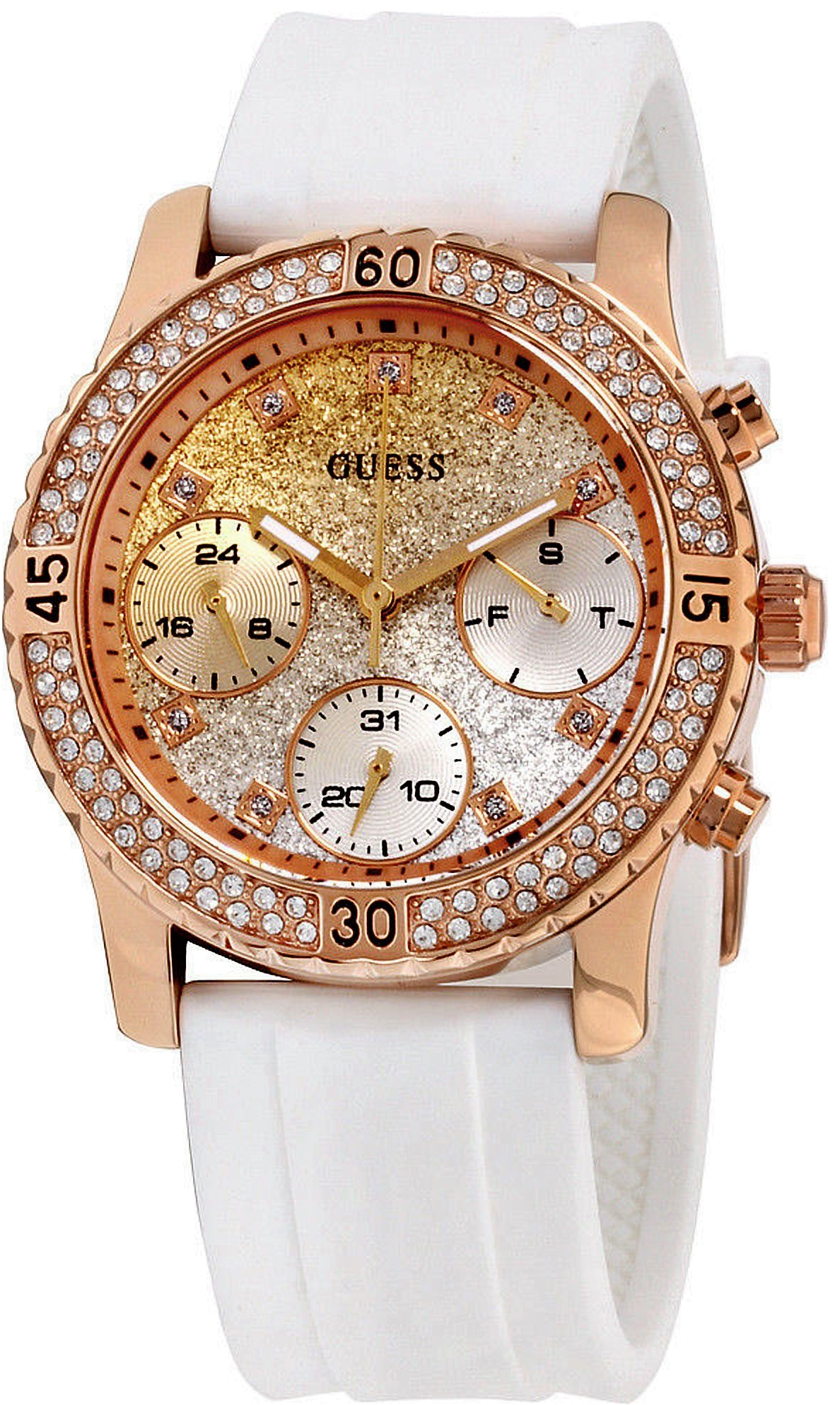 Guess Confetti Crystal Rose Gold Dial White Silicone Strap Watch For Women - W1098L5