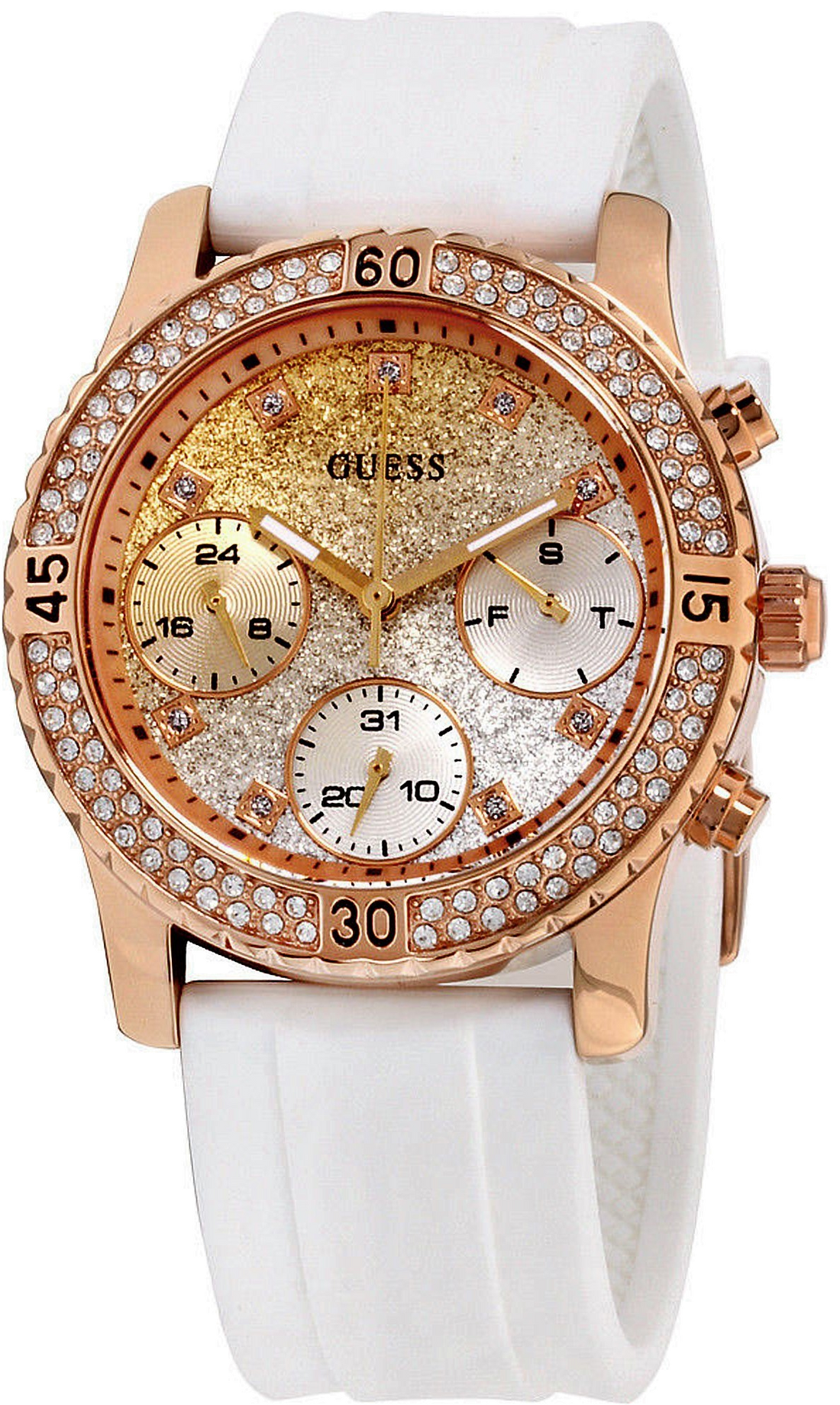 Guess Confetti Crystal Rose Gold Dial White Silicone Strap Watch For Women - W1098L5