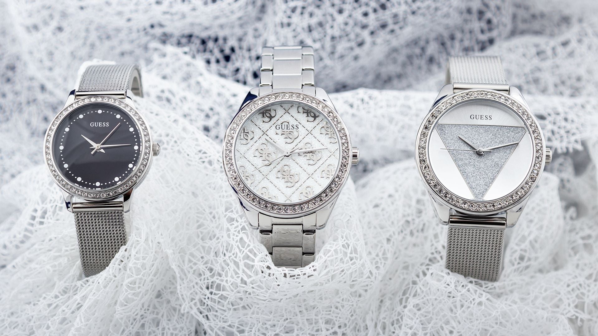 Guess Tri Glitz Quartz Silver Dial Silver Mesh Bracelet Watch For Women - W1142L1