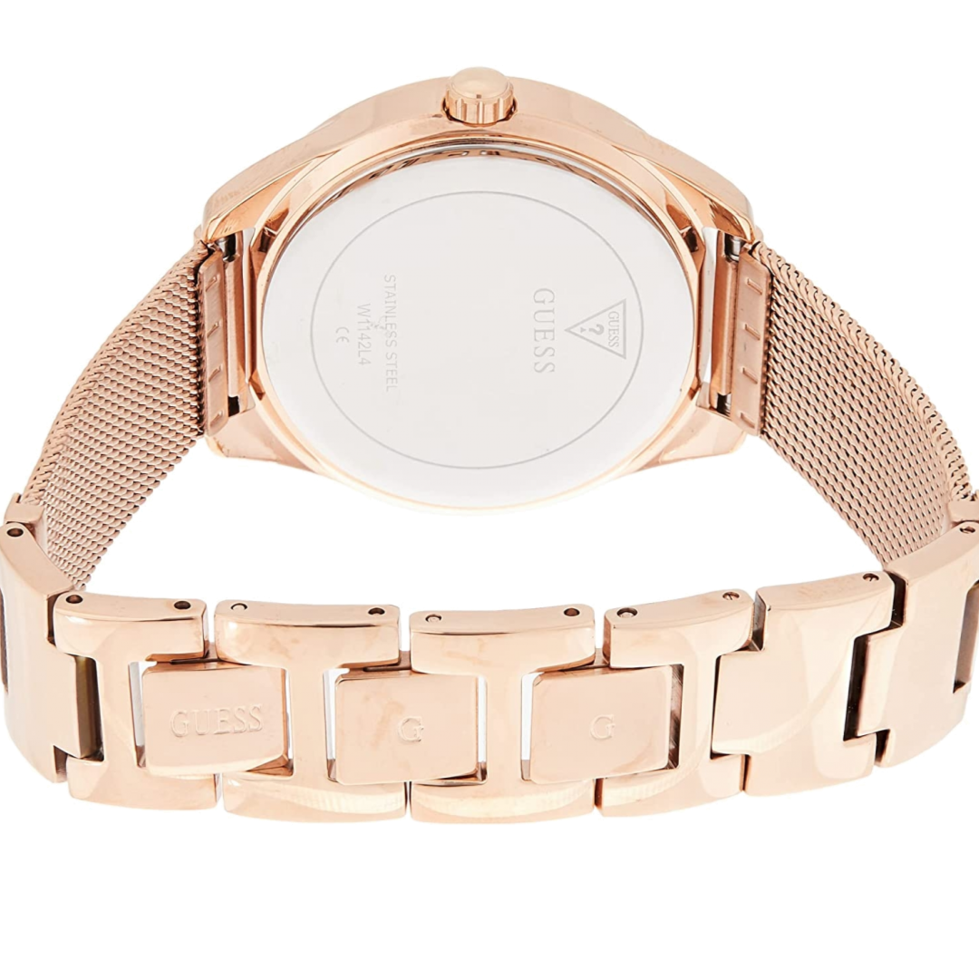 Guess Tri Glitz Quartz Diamonds Rose Gold Dial Rose Gold Mesh Bracelet Watch For Women - W1142L4