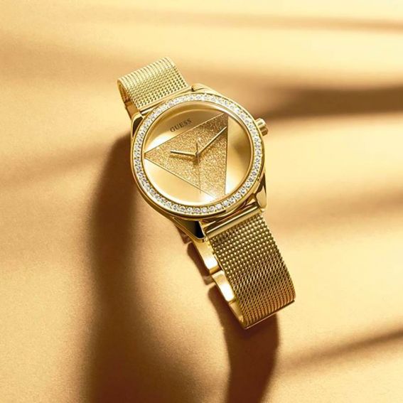 Guess Tri Glitz Quartz Diamonds Gold Dial Gold Mesh Bracelet Watch For Women - W1142L2