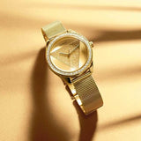 Guess Tri Glitz Quartz Diamonds Gold Dial Gold Mesh Bracelet Watch For Women - W1142L2