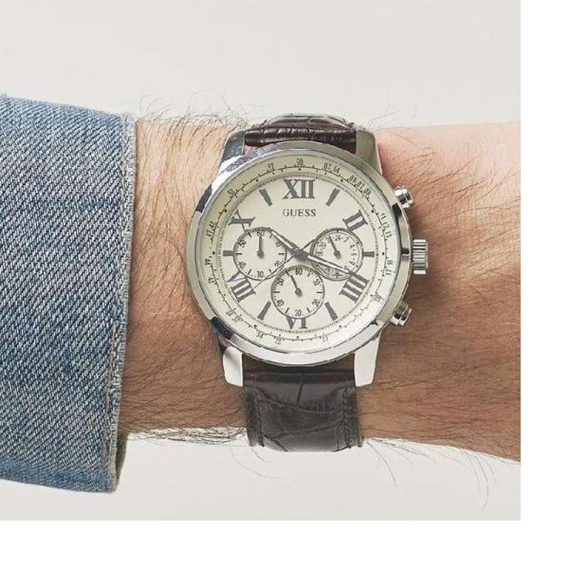 Guess Horizon Chronograph White Dial Brown Leather Strap Watch For Men - W0380G2