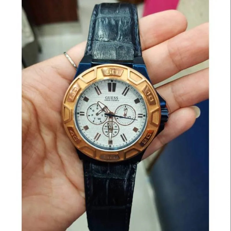 Guess Force Multi Function White Dial Blue Leather Strap Watch For Men - W0674G7