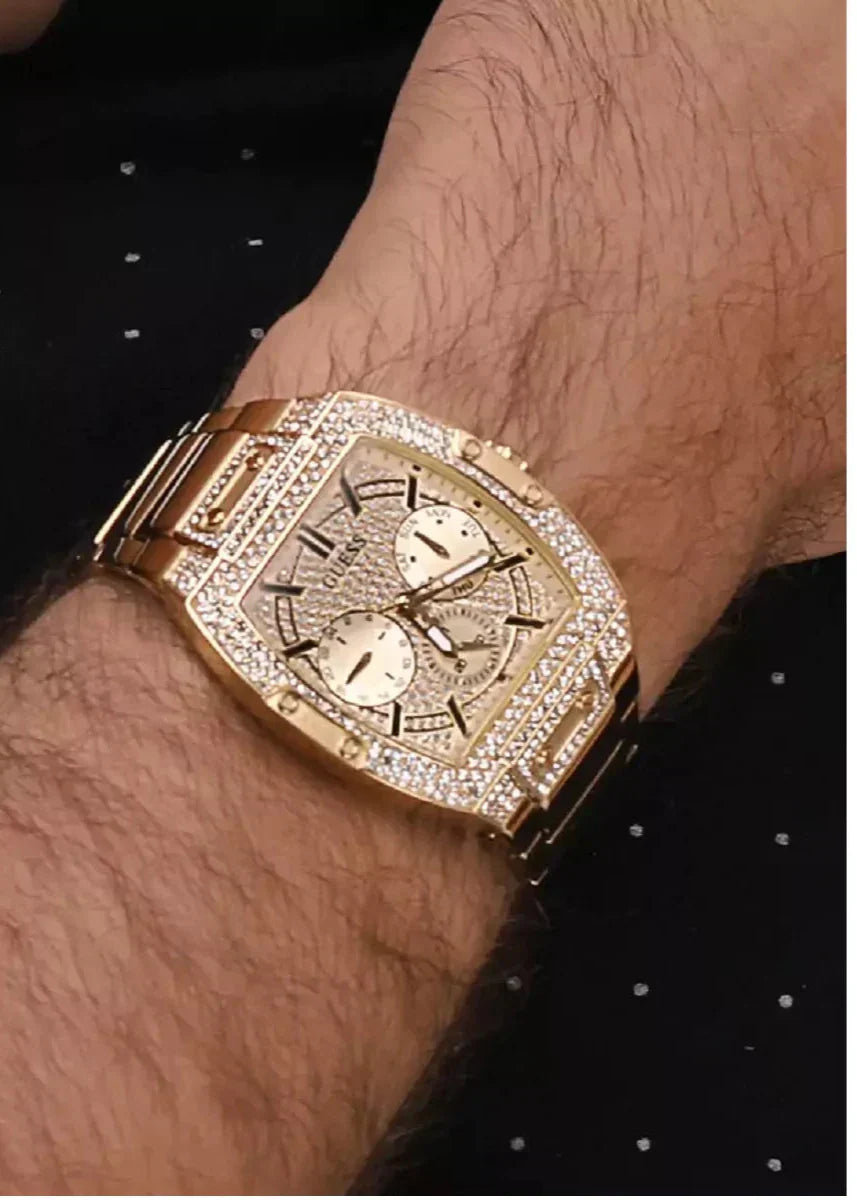Guess Phoenix Multifunction Crystals Gold Dial Gold Steel Strap Watch For Men - GW0094G2