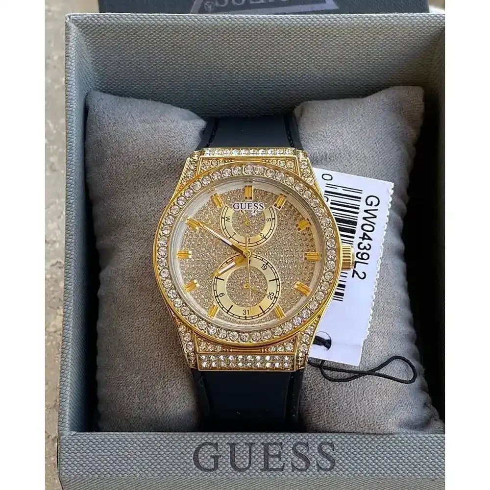 Guess Princess Crystals Gold Dial Black Silicone Strap Watch For Women - GW0439L2