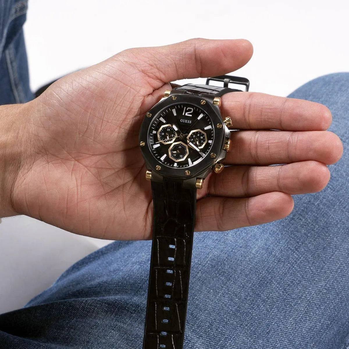 Guess Edge Chronograph Black Dial Black Leather Strap Watch For Men - GW0492G1