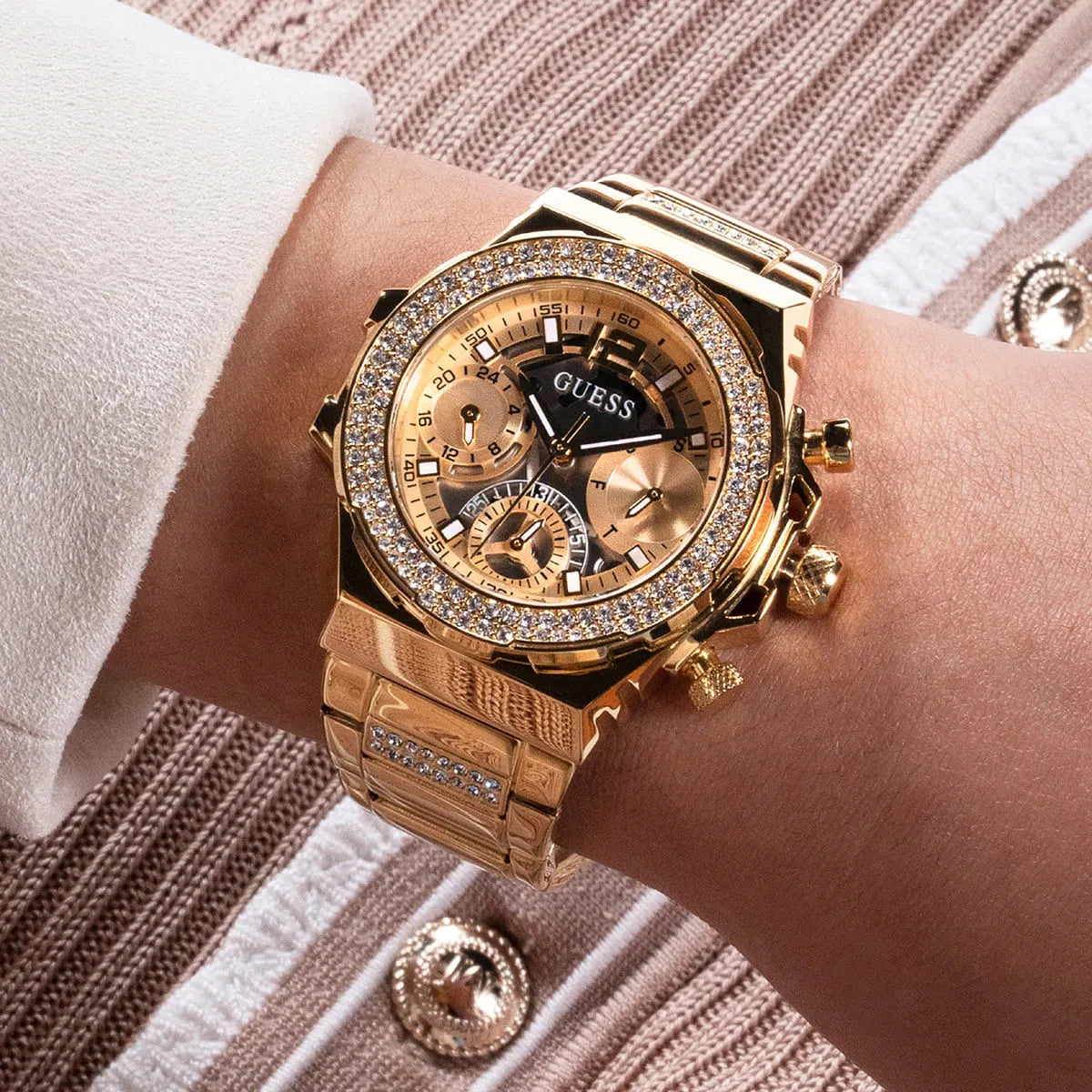 Guess Fusion Chronograph Gold Dial Gold Steel Strap Watch for Women - GW0552L2