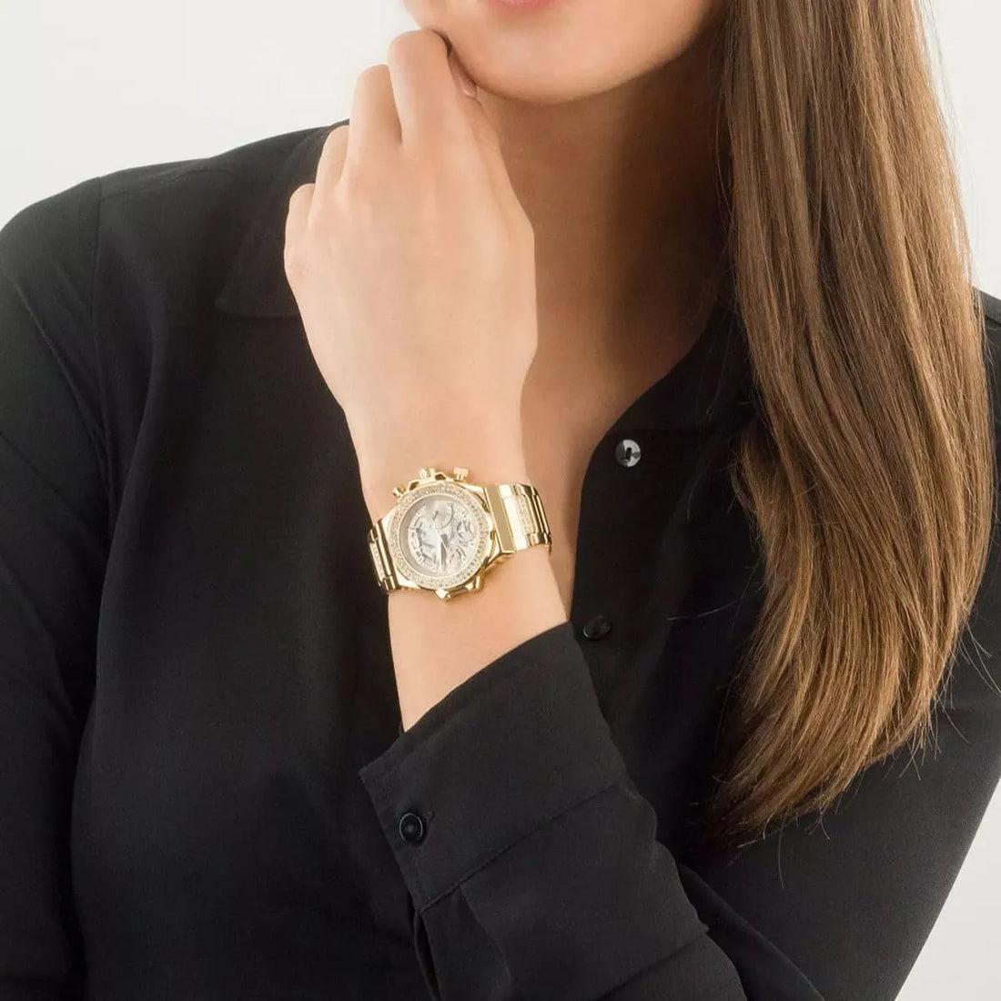 Guess Fusion Chronograph Gold Dial Gold Steel Strap Watch for Women - GW0552L2