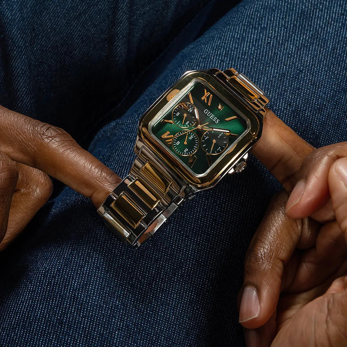 Guess Dress Chronograph Multifunction Green Dial Two Tone Steel Strap Watch For Men - GW0631G1