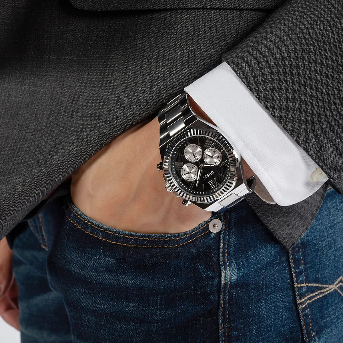 Guess Equity Analog Black Dial Silver Steel Strap Watch For Men - GW0703G1