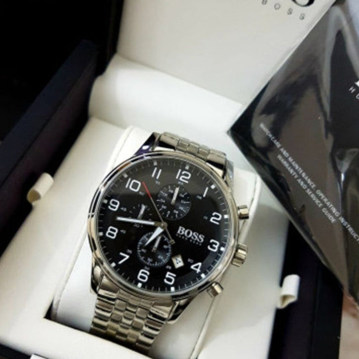 Hugo Boss Aeroliner Chronograph Black Dial Silver Steel Strap Watch For Men - 1512446