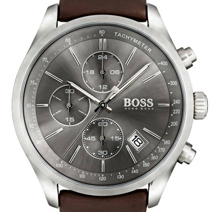 Hugo Boss Grand Prix Grey Dial Brown Leather Strap Watch for Men -  1513476