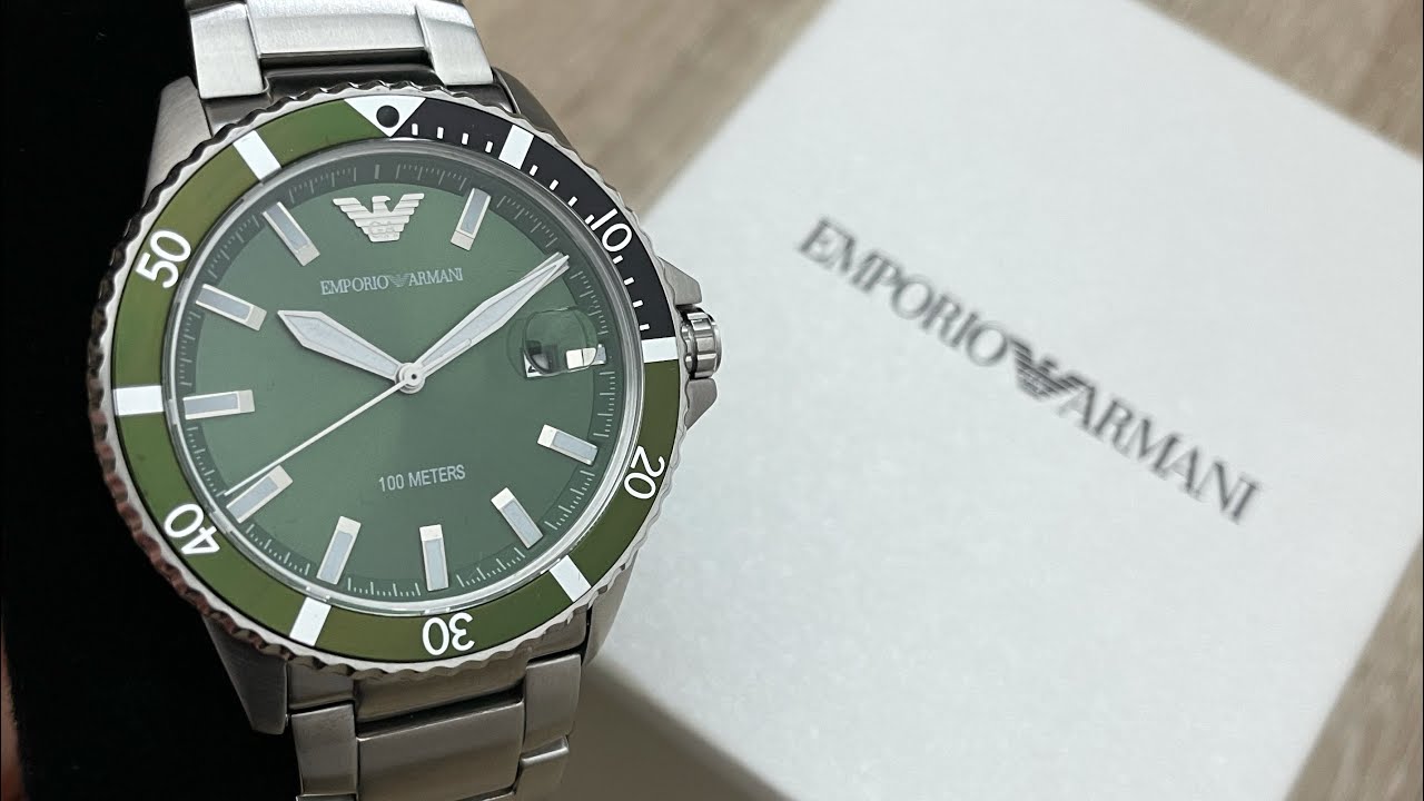 Emporio Armani Diver Chronograph Green Dial Silver Steel Strap Watch For Men - AR11500