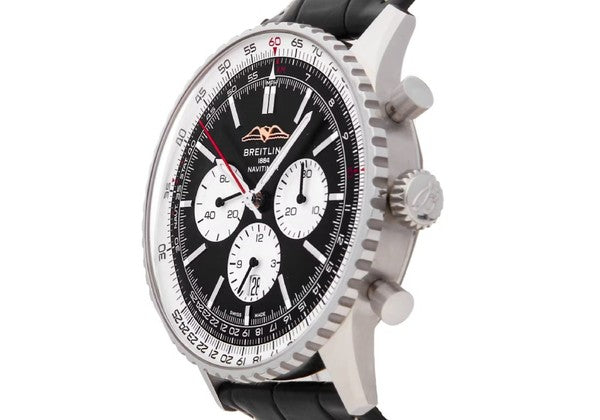 Breitling Navitimer B01 Chronograph 46 Black Dial Black Leather Strap Watch for Men - AB0137211B1P1