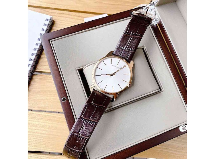 Calvin Klein City Silver Dial Brown Leather Strap Watch For Men - K2G21629