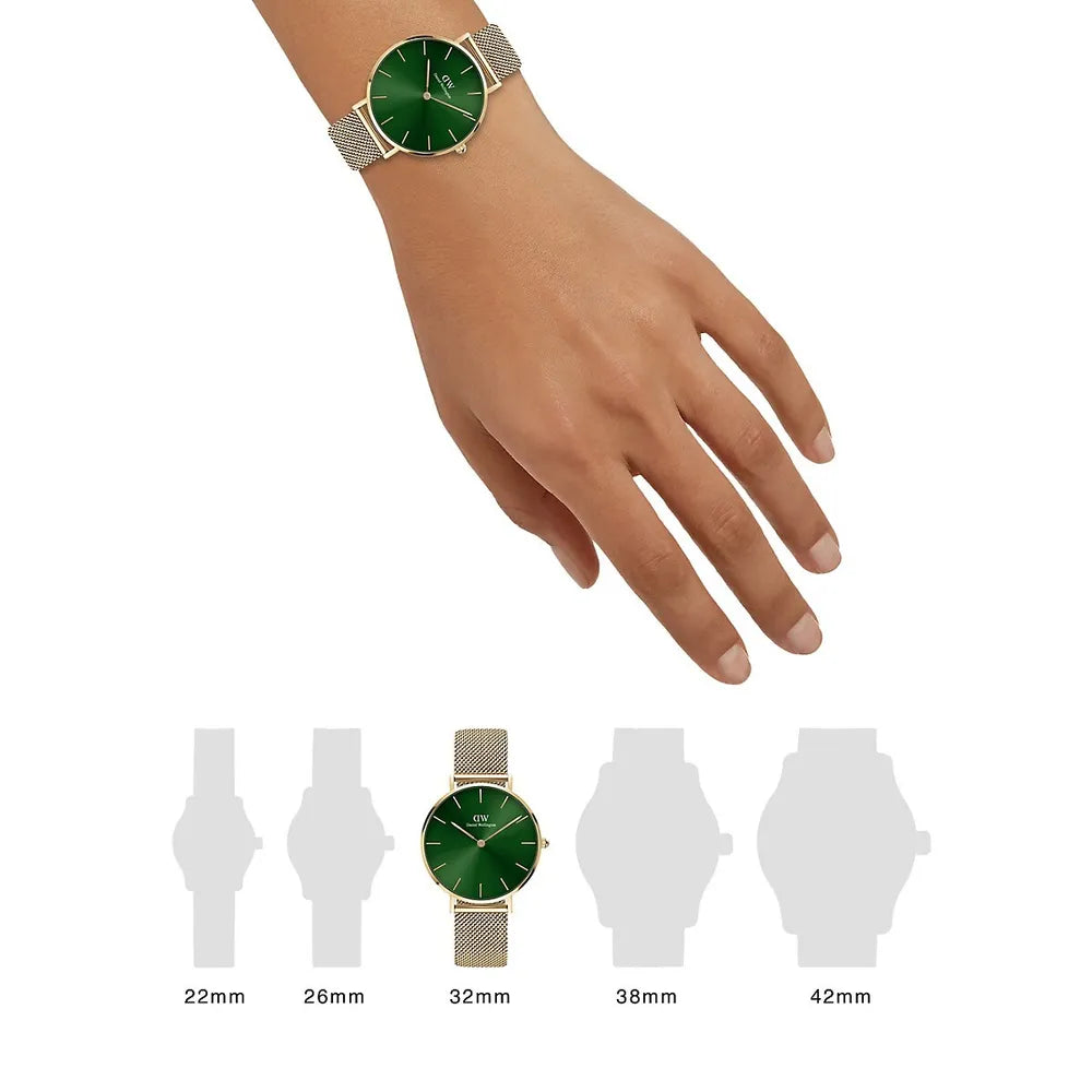 Daniel Wellington Petite Emerald Green Dial Gold Mesh Strap Watch For Women - DW00100480