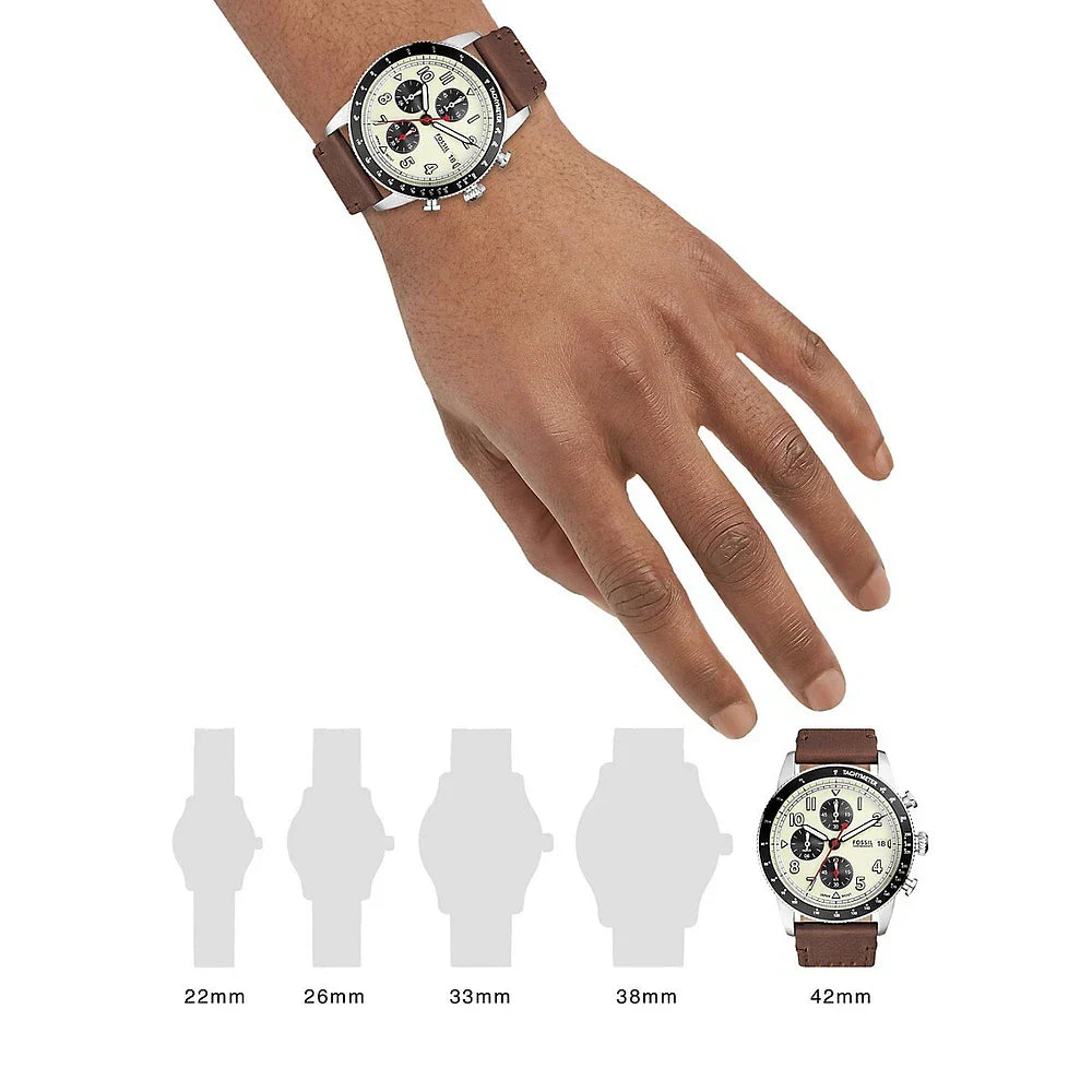 Fossil Sport Tourer Chronograph White Dial Brown Leather Strap Watch for Men - FS6042