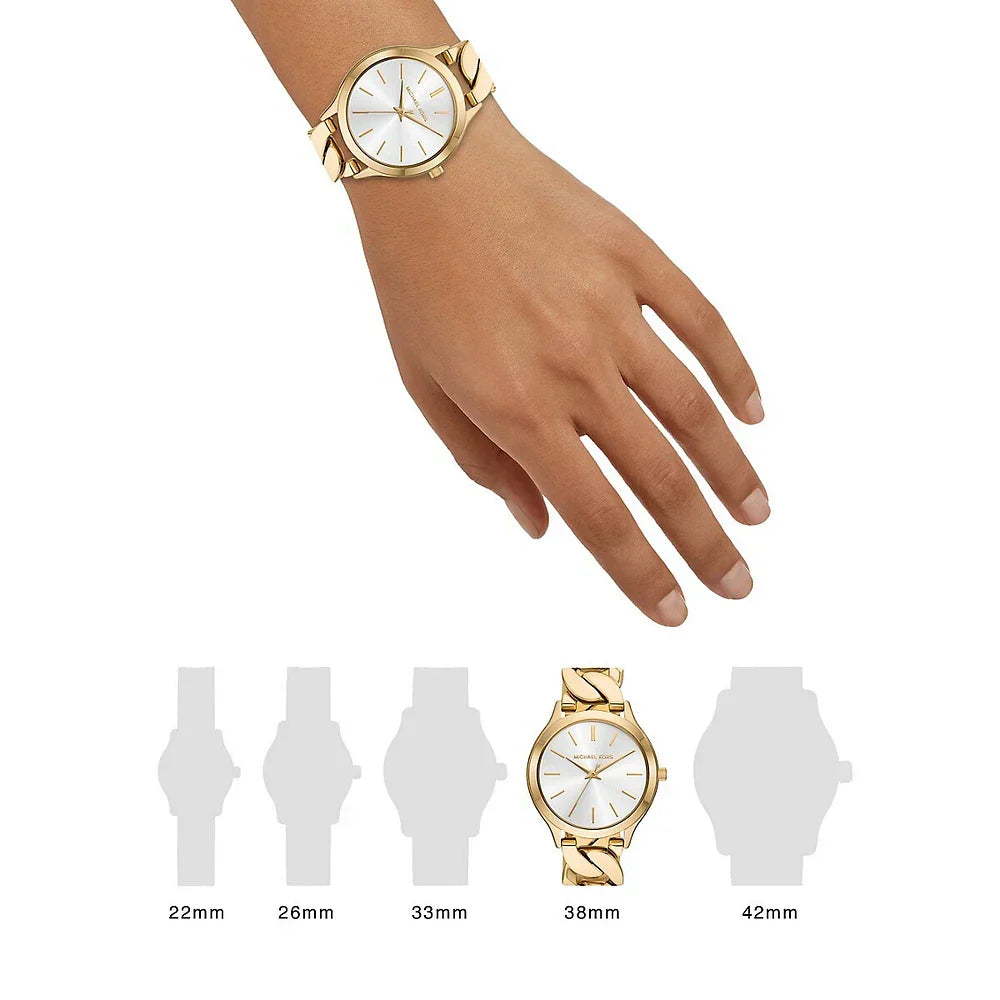 Michael Kors Runway Three-Hand White Dial Gold Steel Strap Watch for Women - MK7472