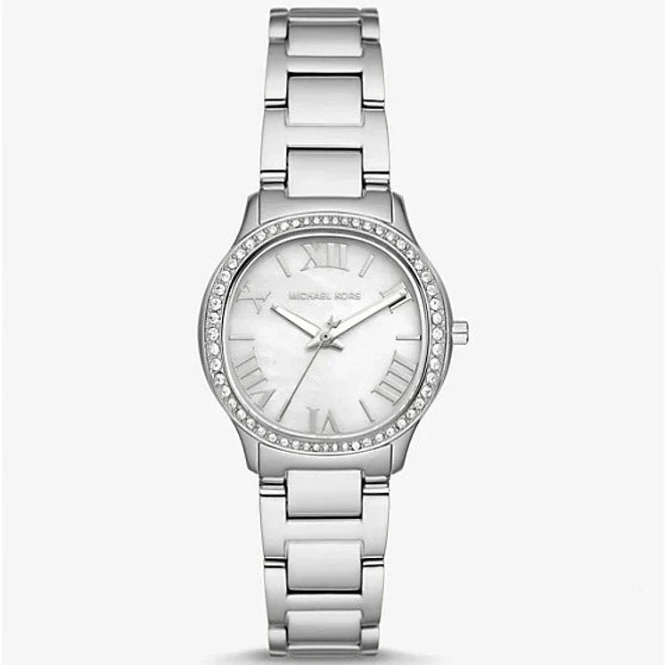Michael Kors Sage Three-Hand Mother of Pearl White Dial Silver Steel Strap Watch for Women - MK4824